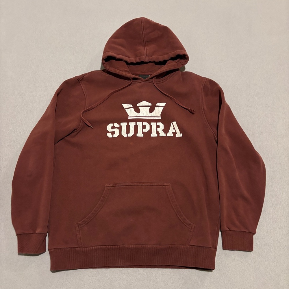 Vintage Y2K Supra Footwear Hoodie Mens Large Maroon Spell Out Logo Graphic Skate